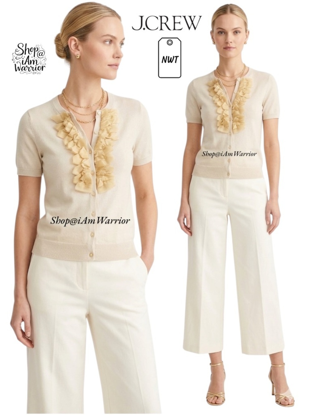 J.Crew NWT natural ruffle trim short-sleeve cotton button cardigan sweater